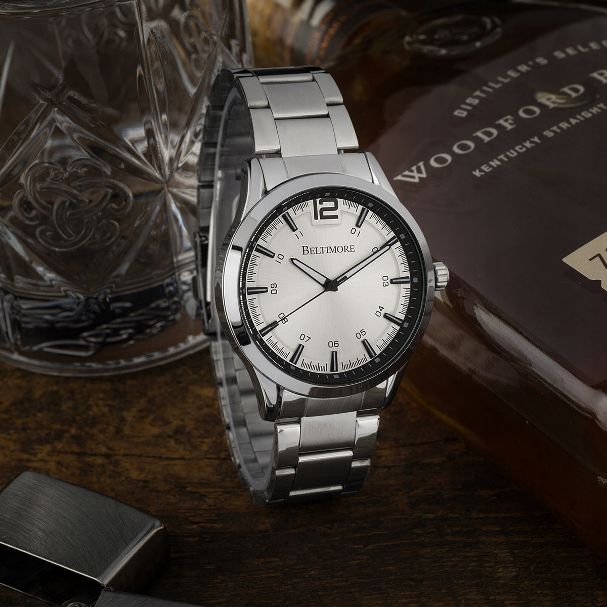 Men's watch bracelet large solid silver quartz box Beltimore Packaging status original