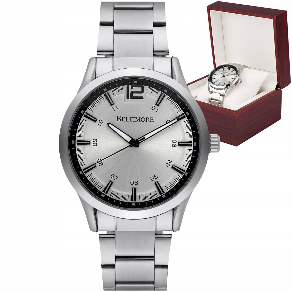 Men's watch bracelet large solid silver quartz box Beltimore