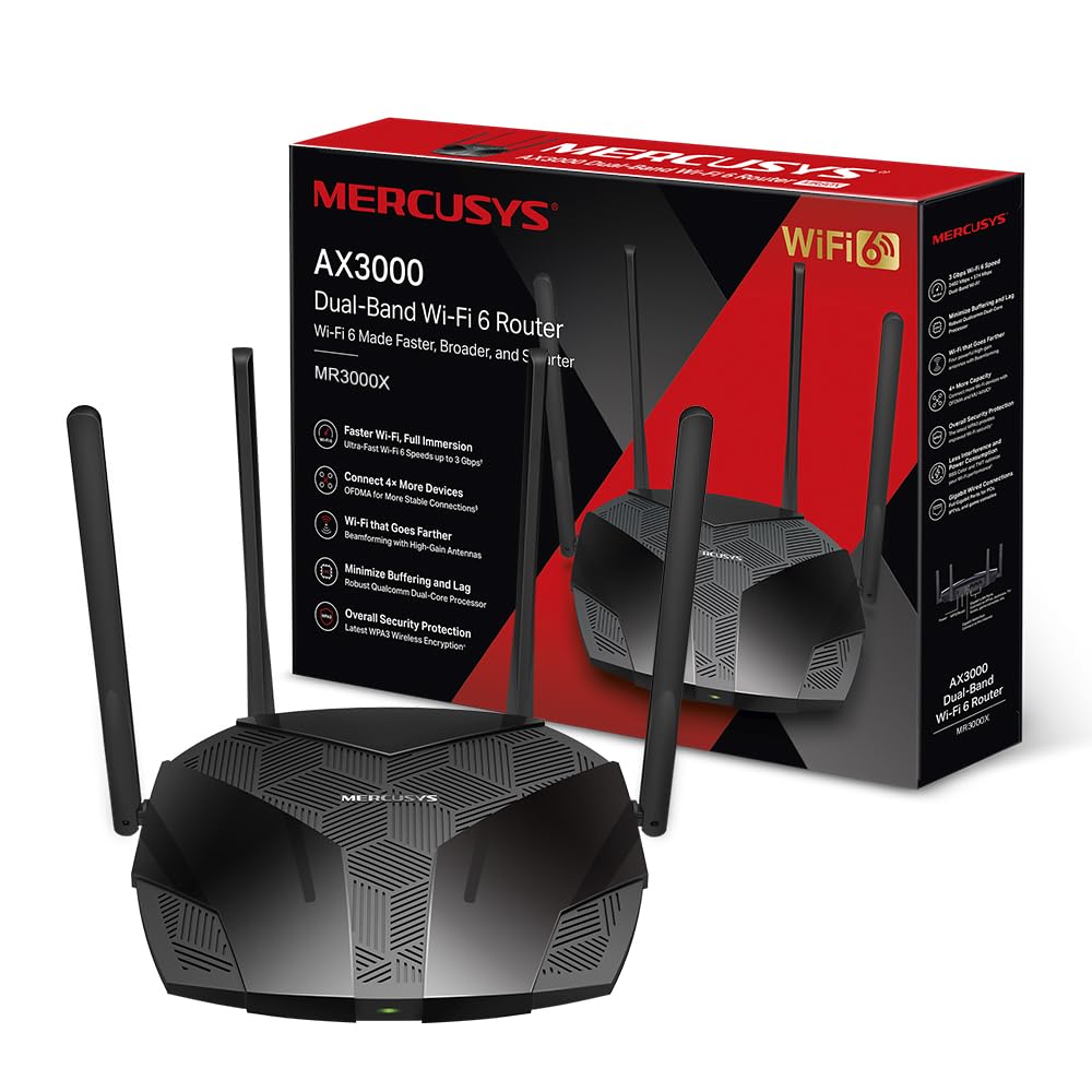 Mercusys MR3000X WiFi 6 Router, 3000Mbps Dual Band, 4 Gigabit LAN Ports, 4 Antennas