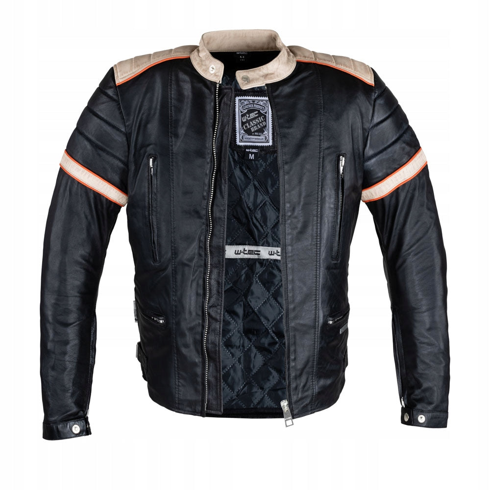 Herren-Lederjacke W-TEC Hellsto – Schwarz mit beigem und orangefarbenem Streifen 3XL 