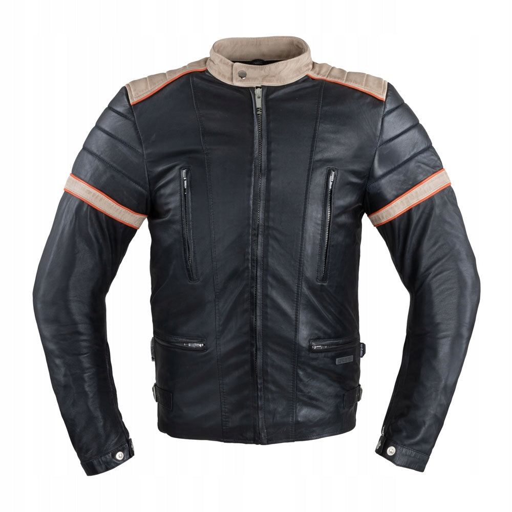 Herren-Lederjacke W-TEC Hellsto – Schwarz mit Beige- und Orange-Streifen XL 