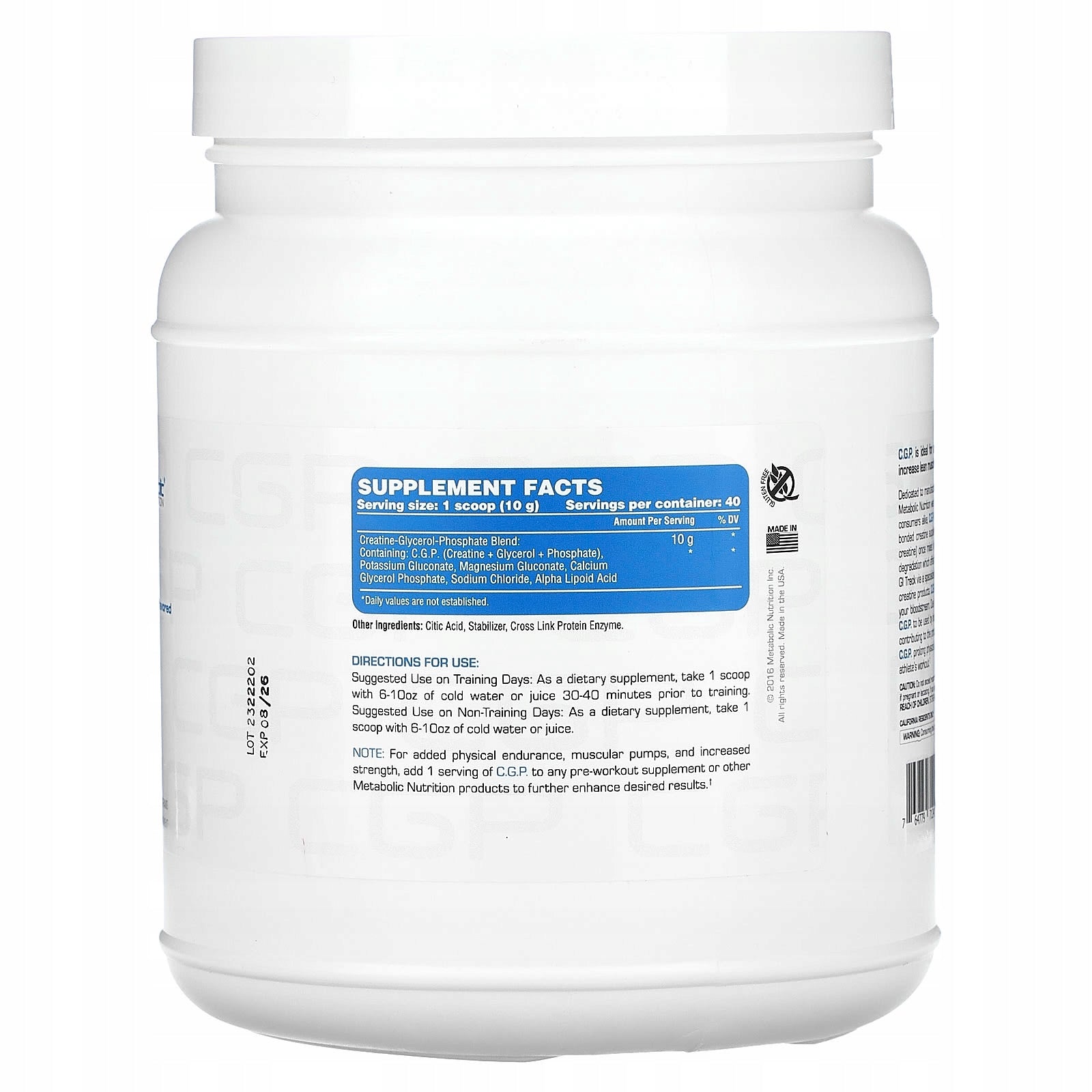 Metabolic Nutrition, CGP , non-aromatized, 400 g Expiration date at least 3 months from the date of purchase
