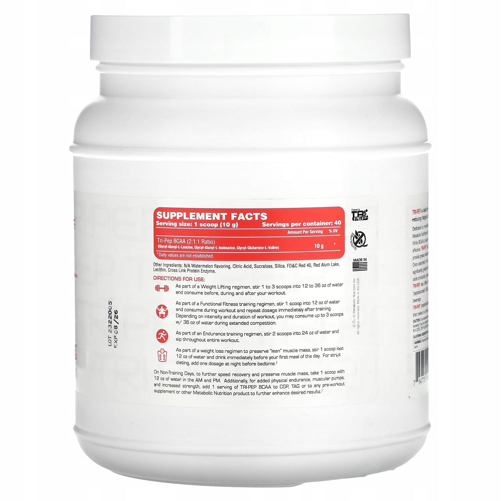 Metabolic Nutrition, Tri-Pep, branched chain amino acids, watermelon, 400 g Expiration date at least 3 months from the date of purchase