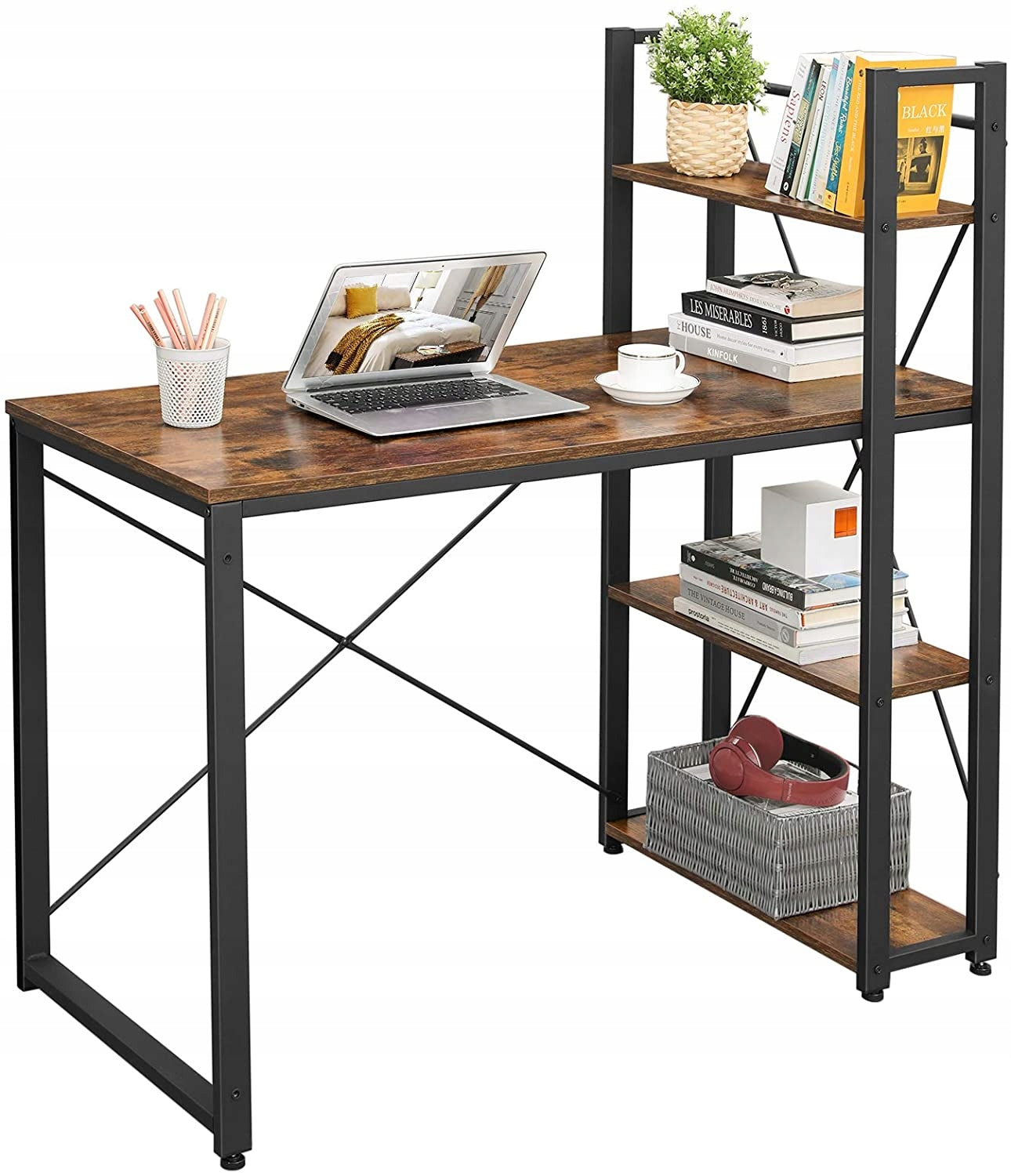 Metal Computer Desk with Bookcase Rustic Industrial For Room