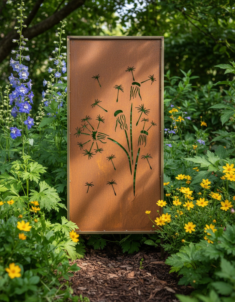 Metal Screen Cover Garden Panel H120 Dandelions Rust Effect Corten Manufacturer code PANEL OGRODOWY DMUCHAWCE
