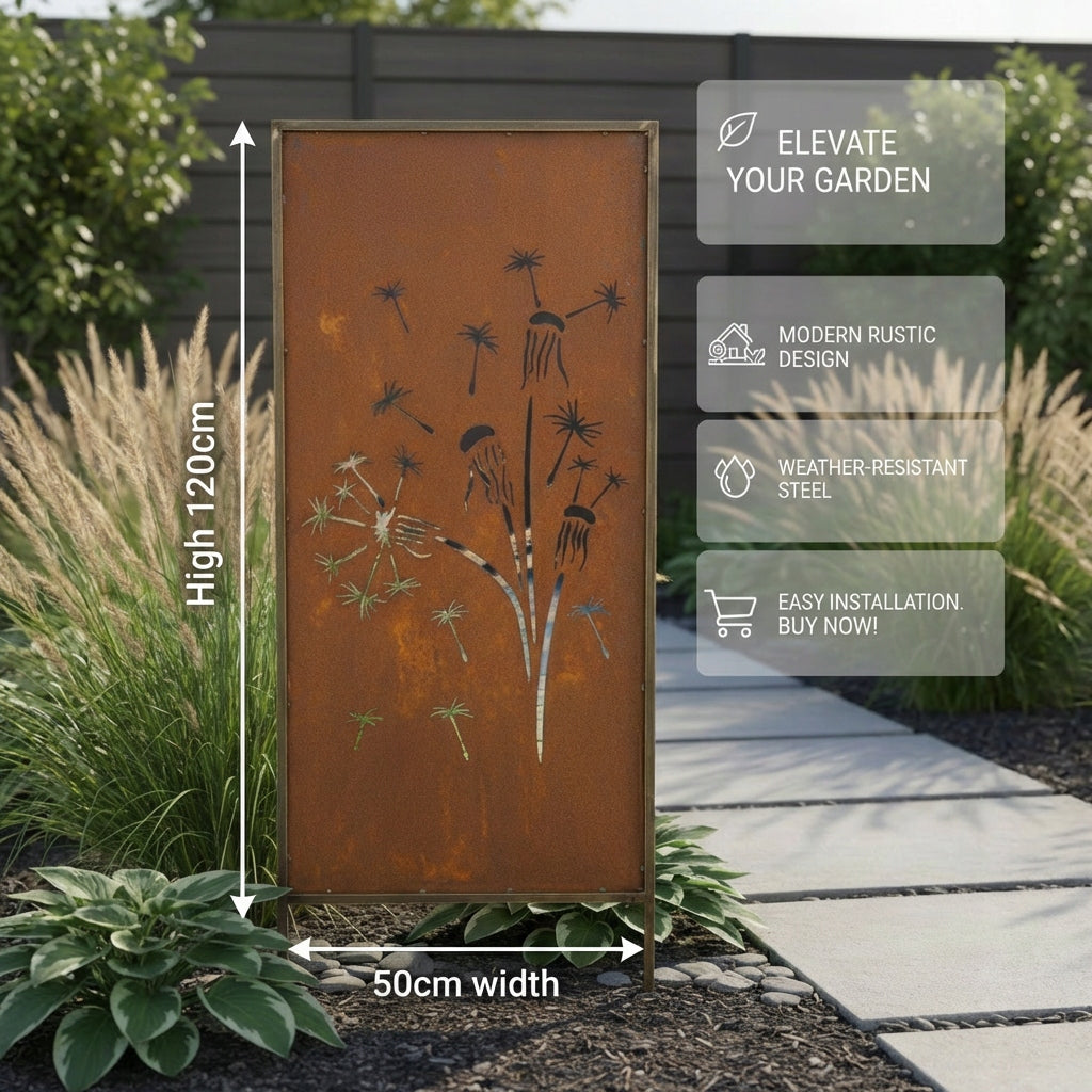 Metal Screen Cover Garden Panel H120 Dandelions Rust Effect Corten Manufacturer no brand