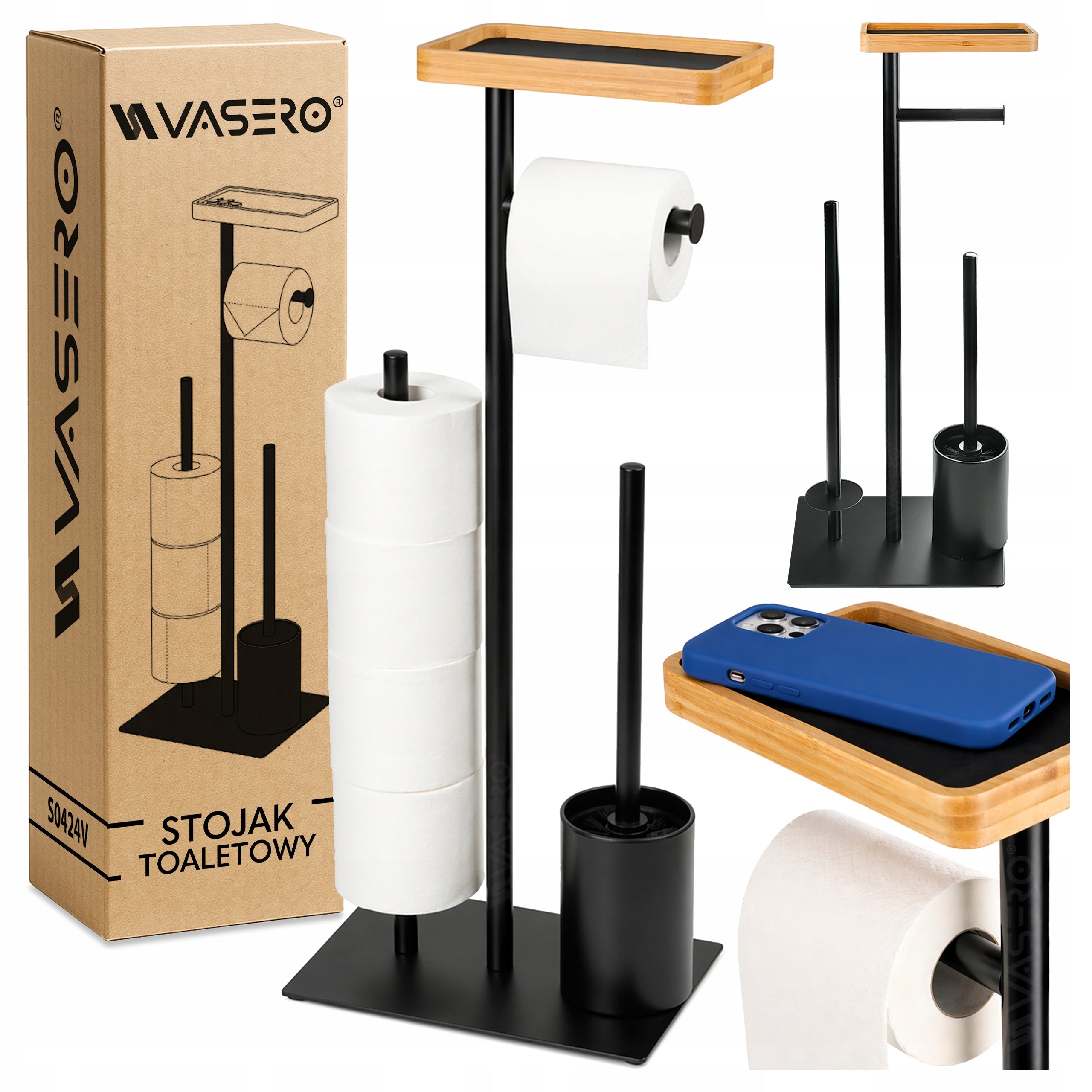 Metal Toilet Paper Stand + Bamboo Shelf Brush Holder