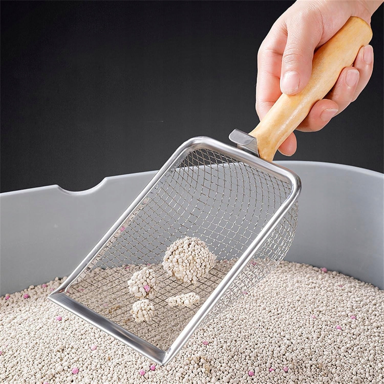 Metal litter box paddle with strainer and wooden cat handle Kind litter scoops