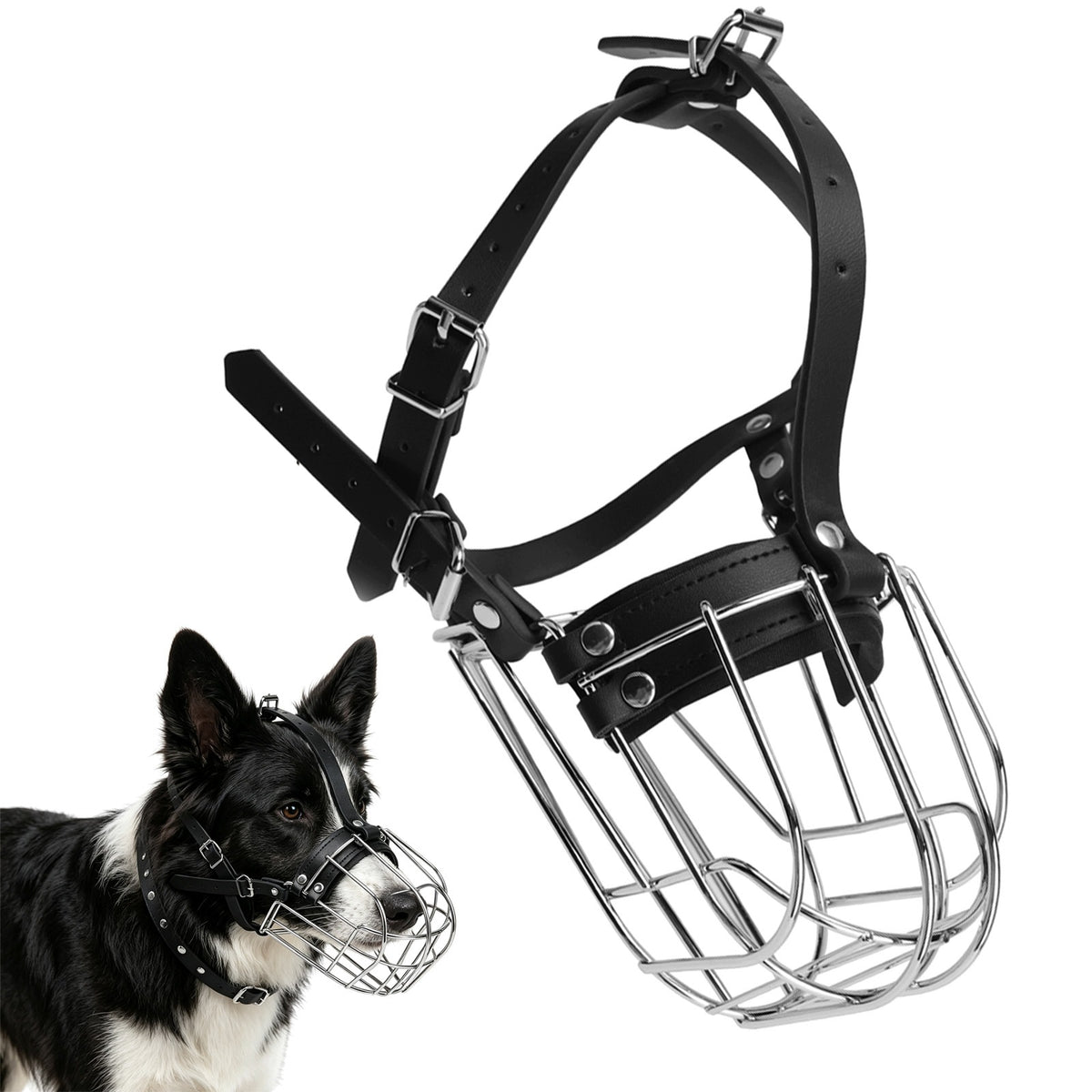 Metal muzzle Dog Basket With Straps Durable Leather Metal