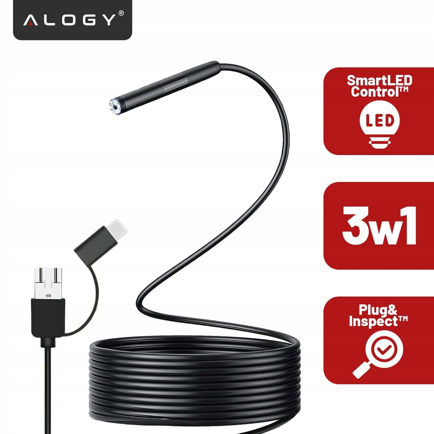 Micro USB + USB-C + USB FHD 5m 8mm Endoscope Inspection Camera Brand Alogy