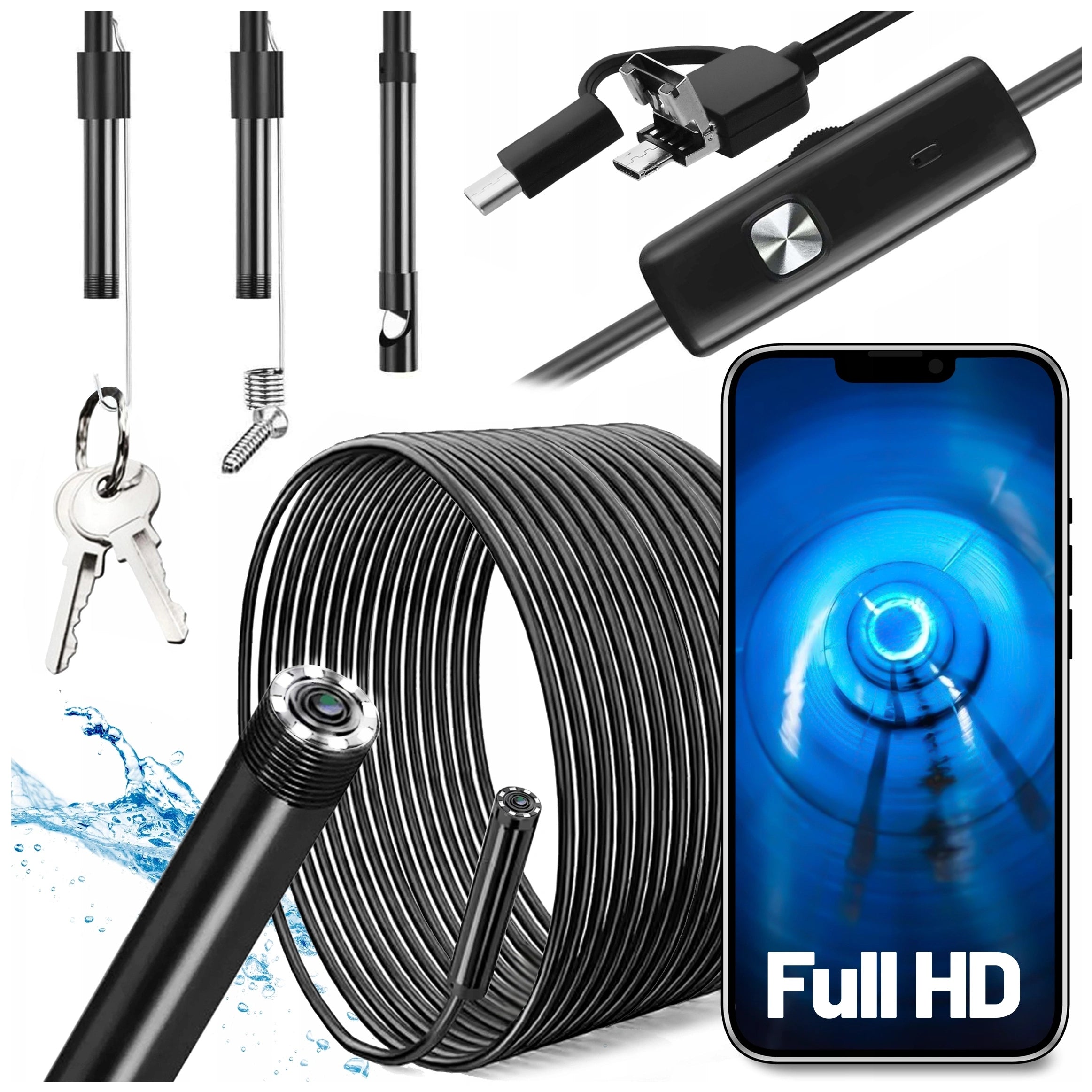 Micro USB + USB-C + USB FHD 5m 8mm Endoscope Inspection Camera Manufacturer code Kamera Endoskop USB-C micro USB 5m 72379