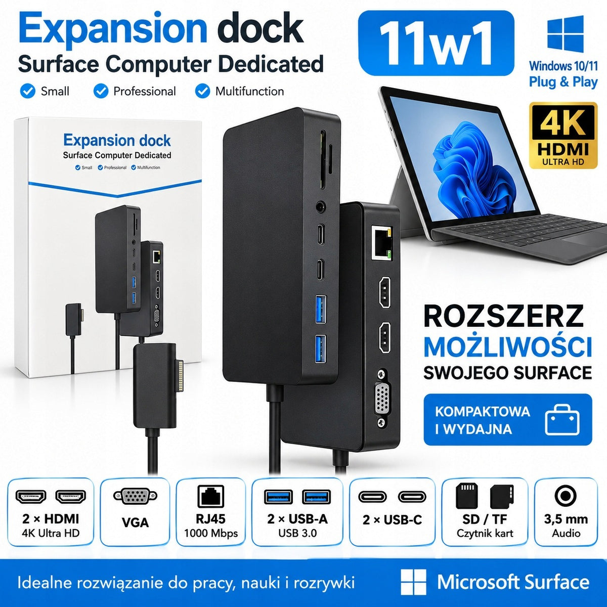 Microsoft Surface 11in1 USB 3.0 HDMI 4K VGA RJ45 SD TF USB-C Packaging status original