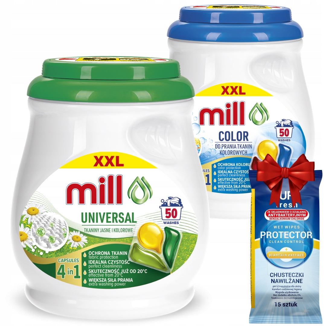 Mill Pro Capsules for Washing White and Colored Clothes 100 pcs + Freebie