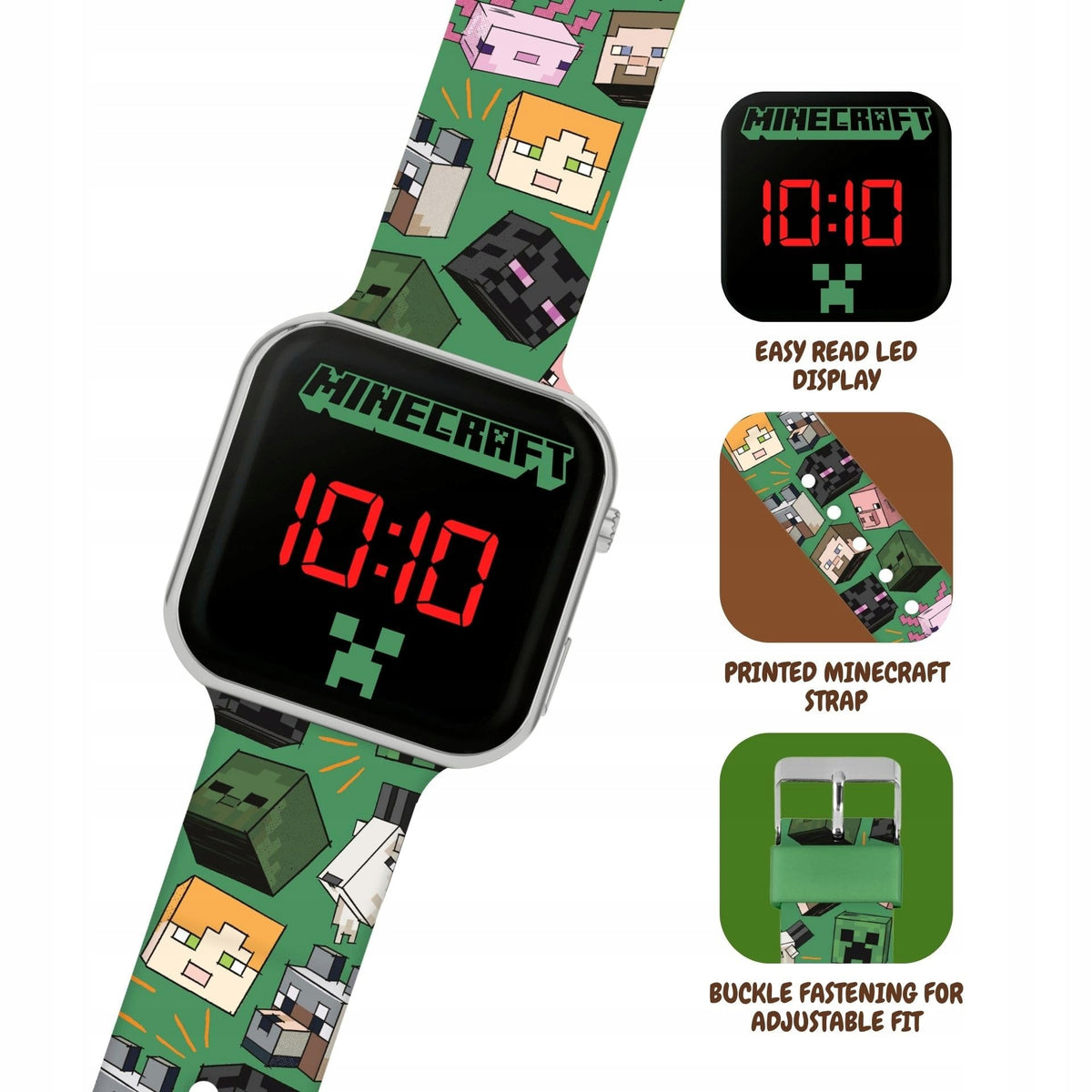 Minecraft MIN4230 LED Watch for Kids with Green Strap and Display Brand Disney