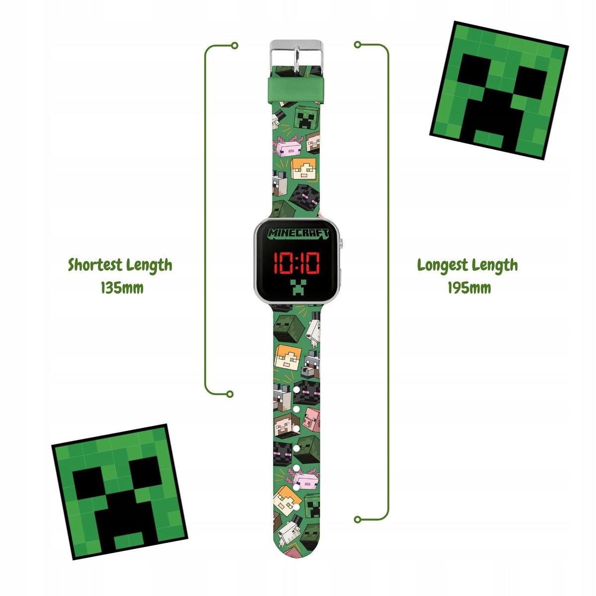 Minecraft MIN4230 LED Watch for Kids with Green Strap and Display Functions world time