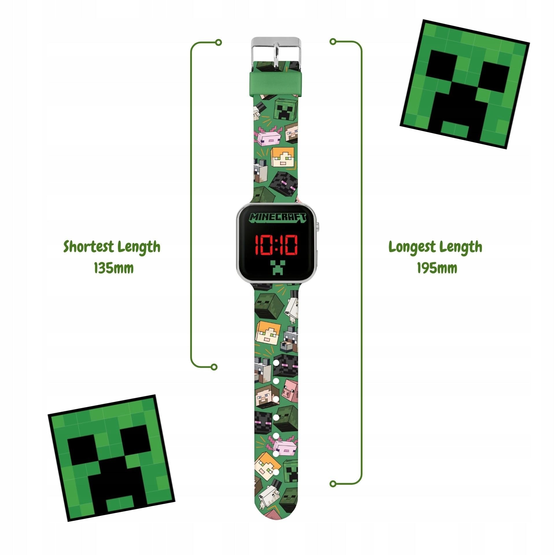 Minecraft MIN4230 LED Watch for Kids with Green Strap and Display Functions world time