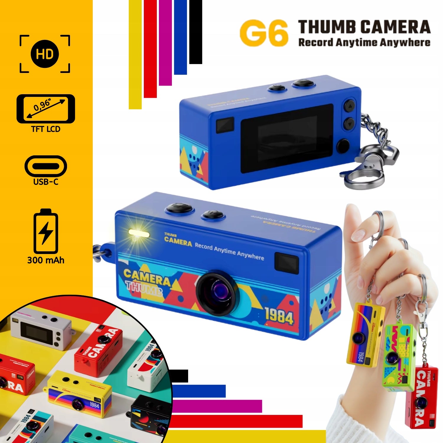 Mini Digital Camera G6 THUMB CAMERA RETRO HD 1984 Keychain Blue