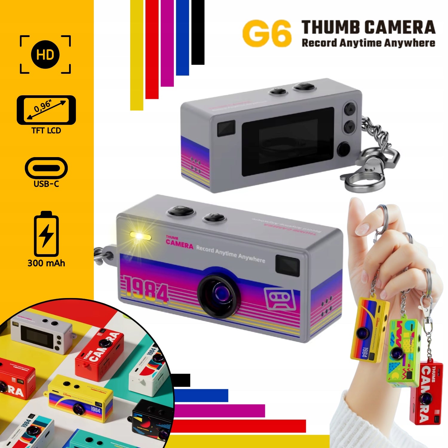 Mini Digital Camera G6 THUMB CAMERA RETRO HD 1984 Keychain Grey