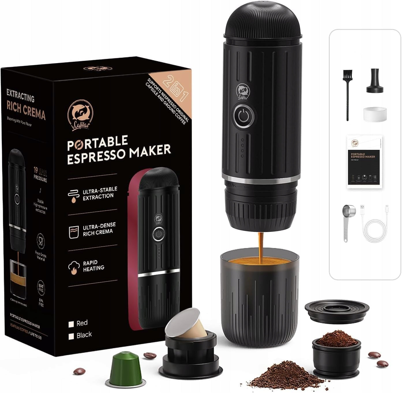 Mini Ground Coffee Maker and Capsules Wireless Travel Camping