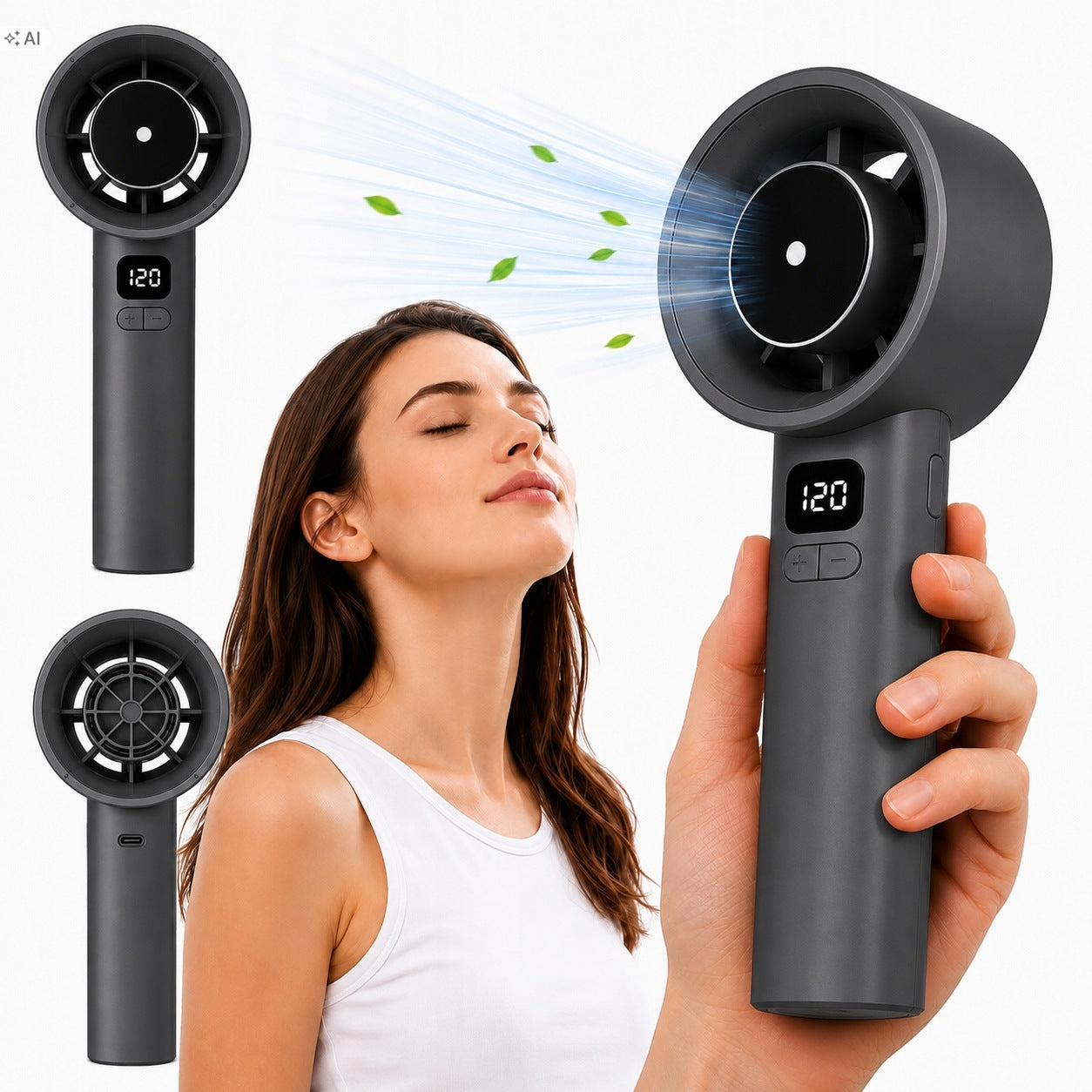 Mini Handheld Fan Turbo USB-C 120 Speed LED Display Grey