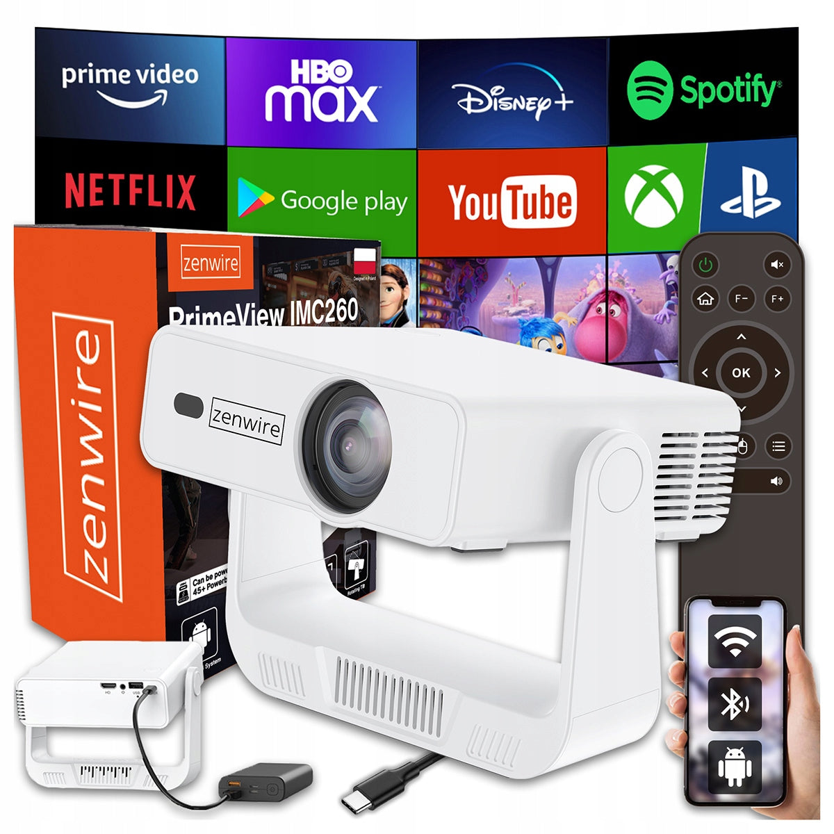 Mini Projector Portable Projector Android 14 WiFi 360 Full HD 4K for Phone