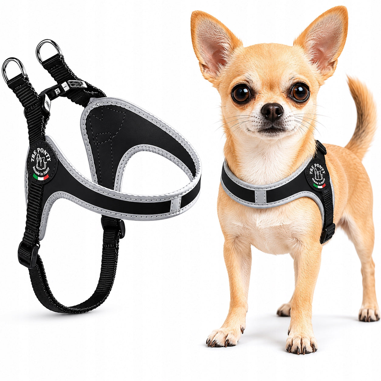 Mini dog harness Chihuahua York XXS 32-45cm TRE PONTI black WITH REFLECTORS