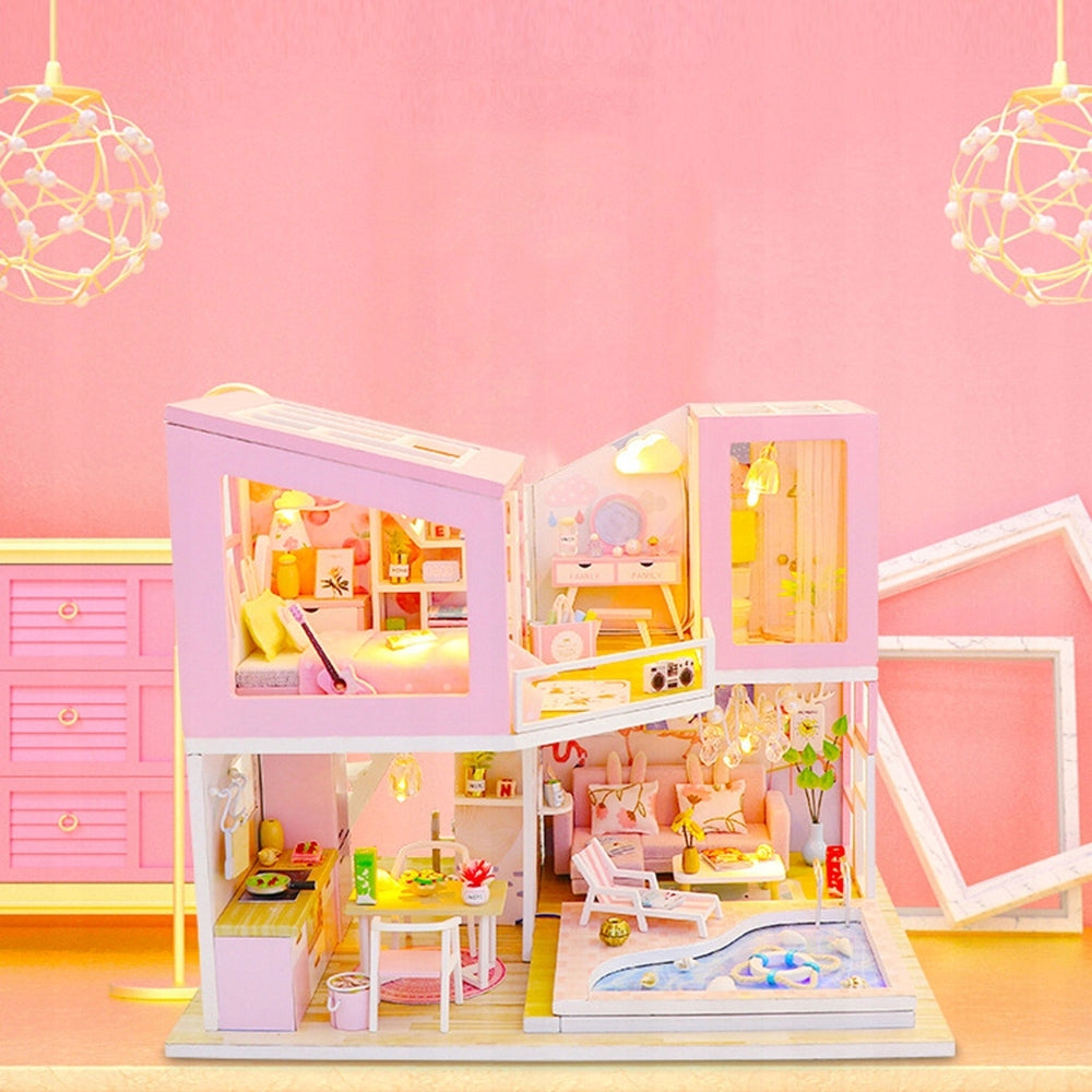 Miniature DIY Drewen Dollhouse with Furniture and LED Light Pink Medical device no