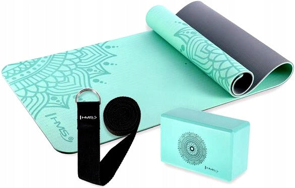 Mint Yoga Exercise Set HMS TPE Mat 8 mm Foam Cube and Strap