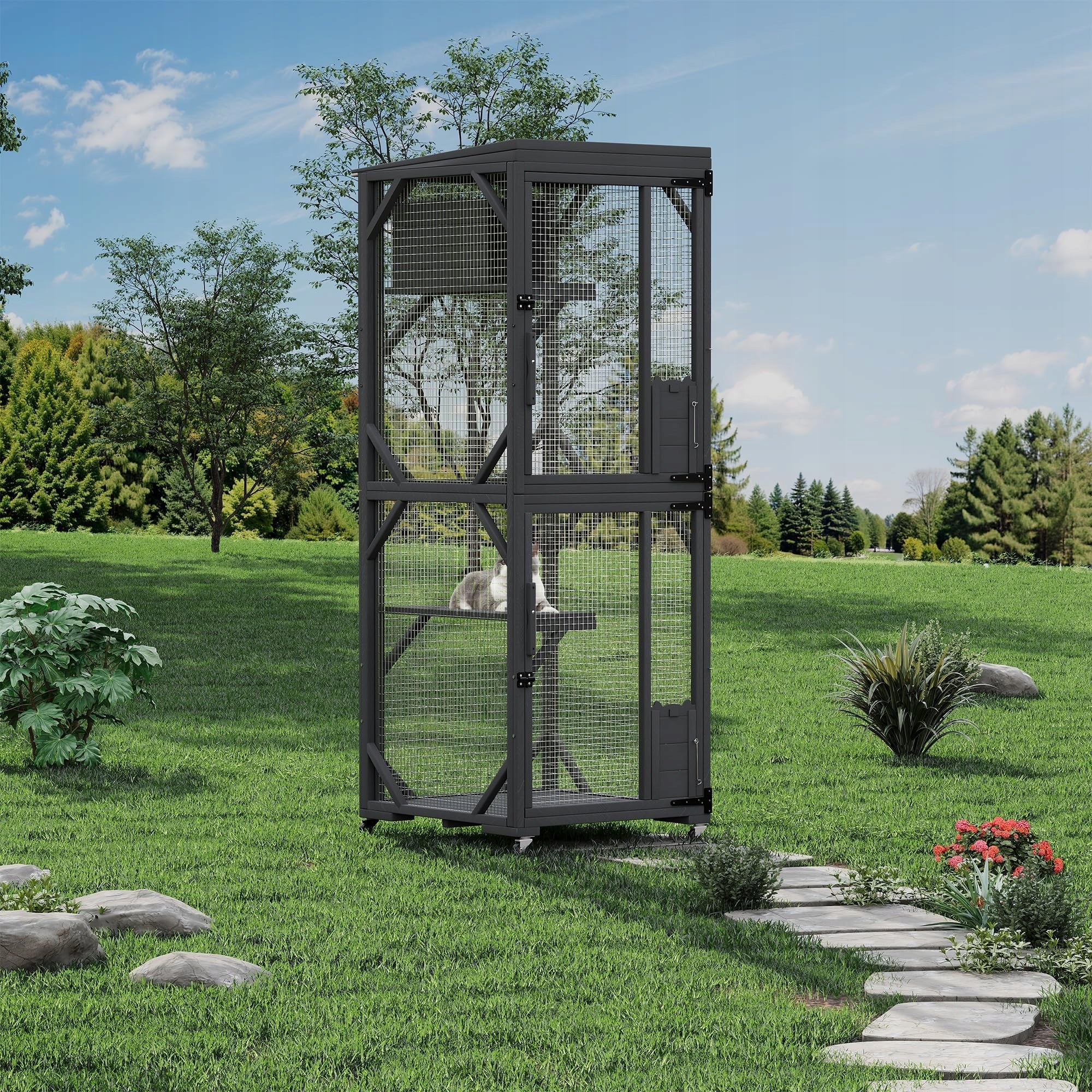 Mobile Catio on Wheels 2-Story Wooden Cat Enclosure 190 x 82 x 81 cm Black Brand no brand