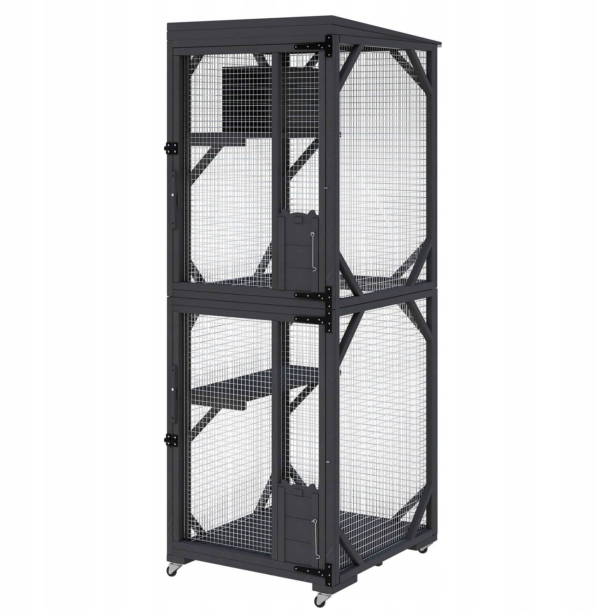 Mobile Catio on Wheels 2-Story Wooden Cat Enclosure 190 x 82 x 81 cm Black Product width 82 cm