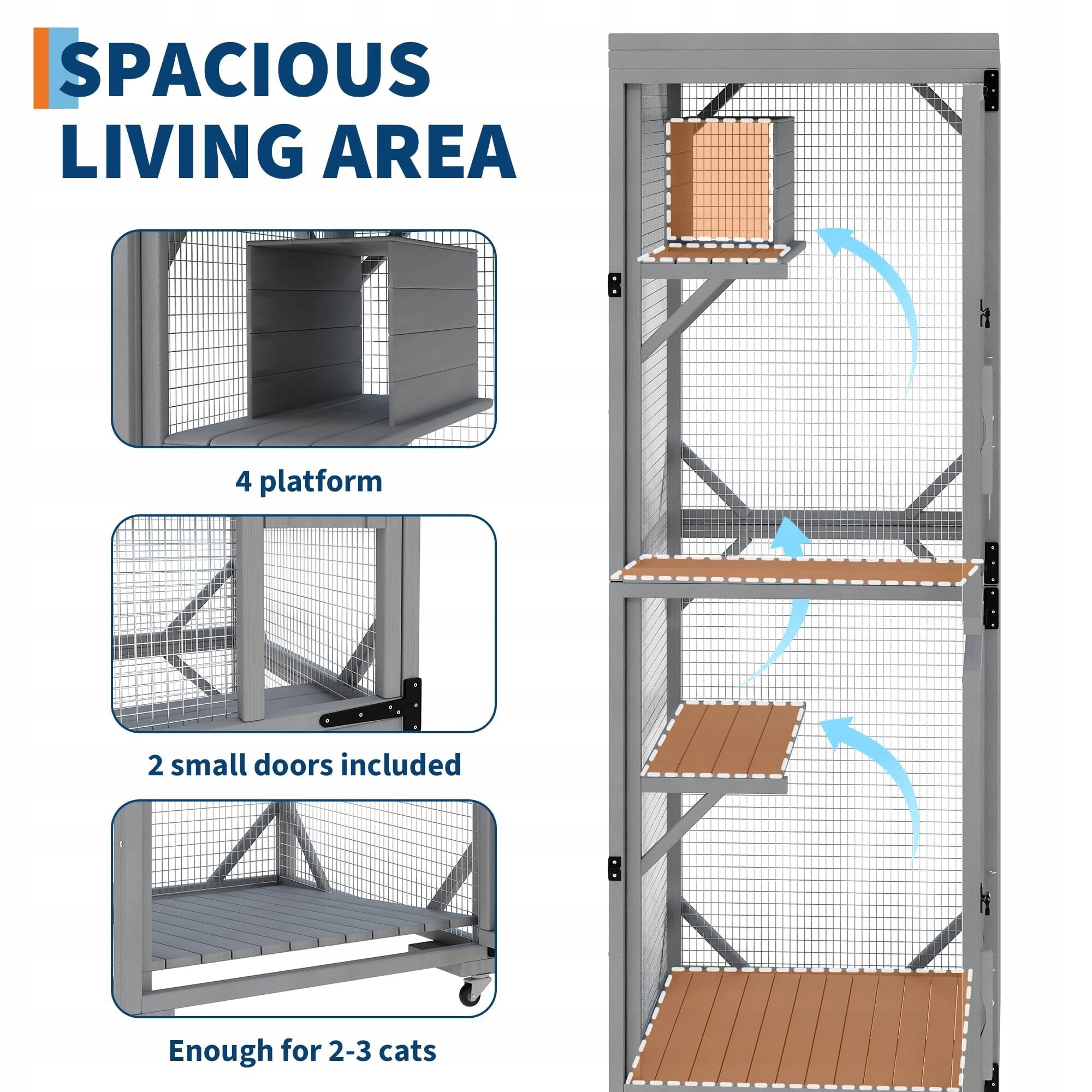 Mobile Catio on Wheels 2-Story Wooden Cat Enclosure 190 x 82 x 81 cm Kind cage