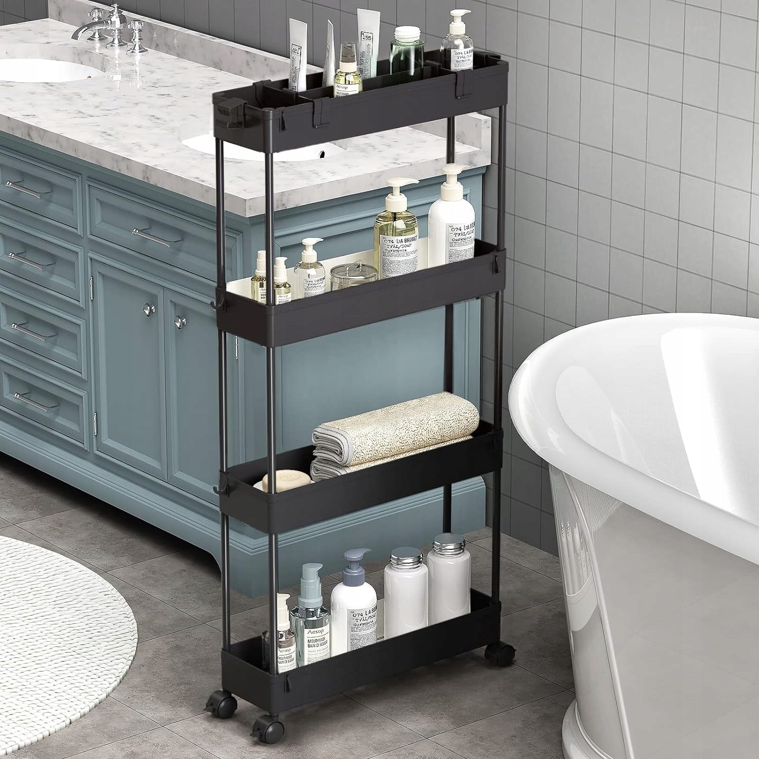 Mobile Kitchen Trolley Bathroom Narrow Bookcase with Wheels Furniture height 86.3 cm