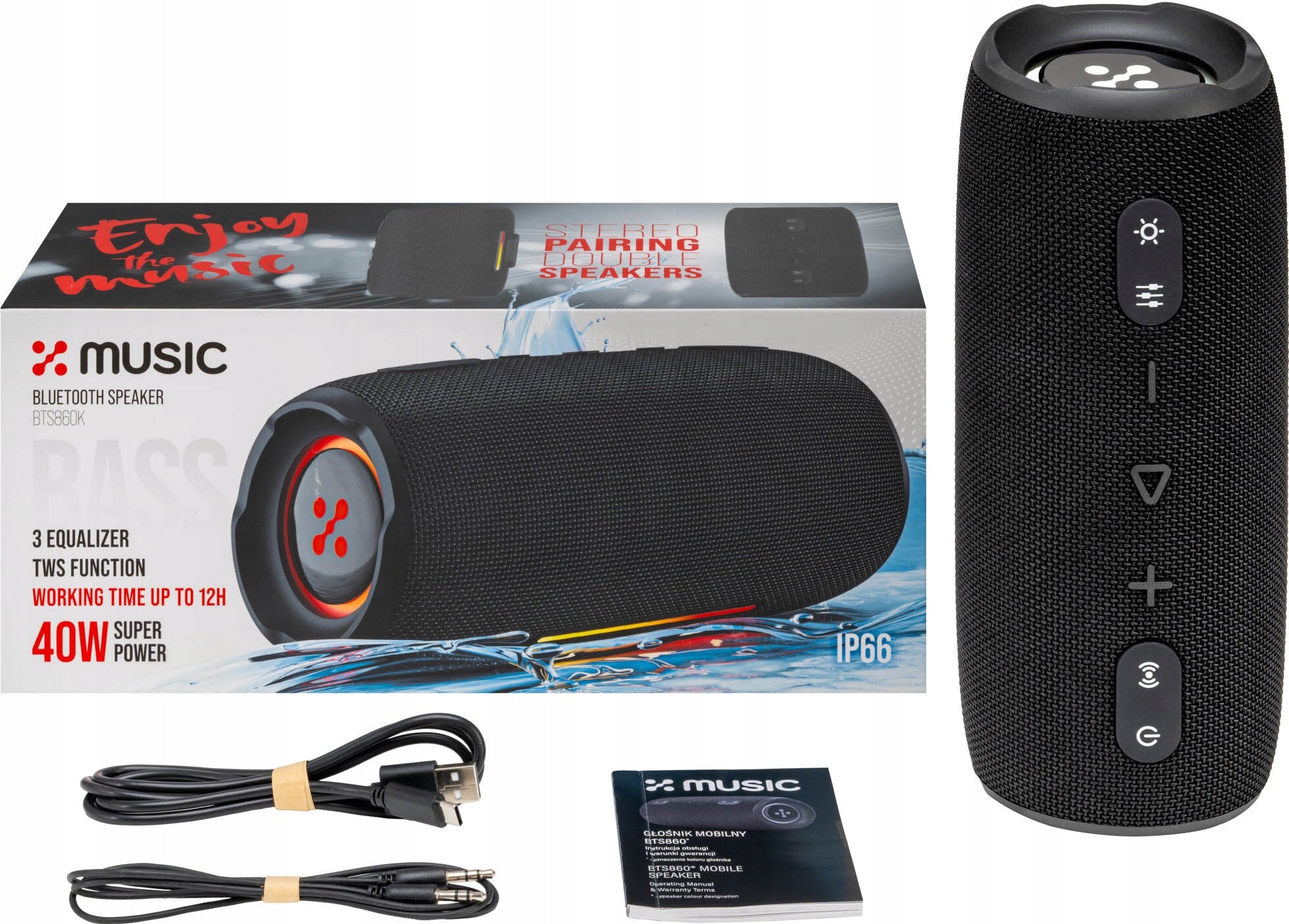 Mobile Speaker XMUSIC BTS860 FM Radio Bluetooth 40W IP66 Black Brand xMusic
