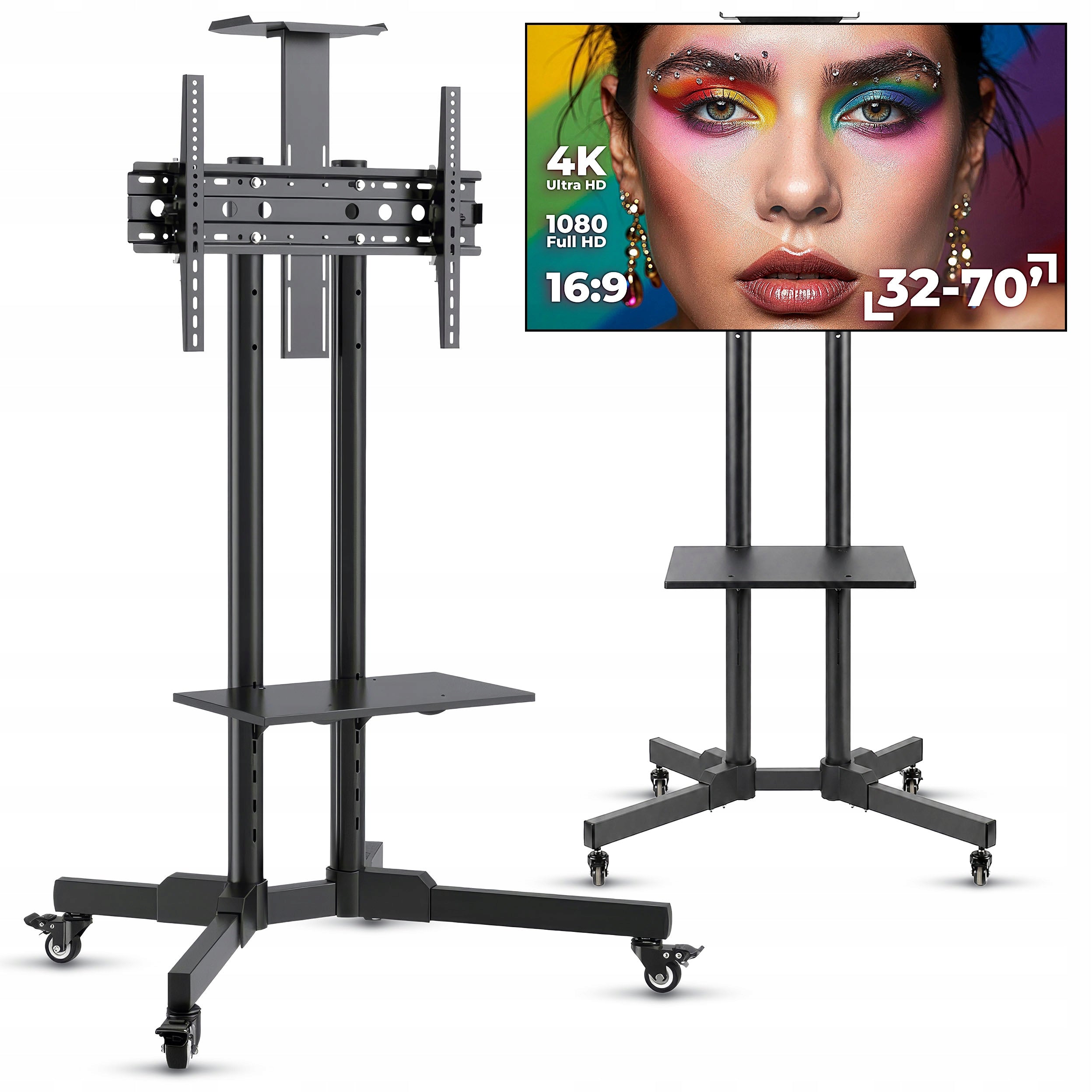 Mobile TV Stand for TV 32-70 inches with shelves adjustable on wheels