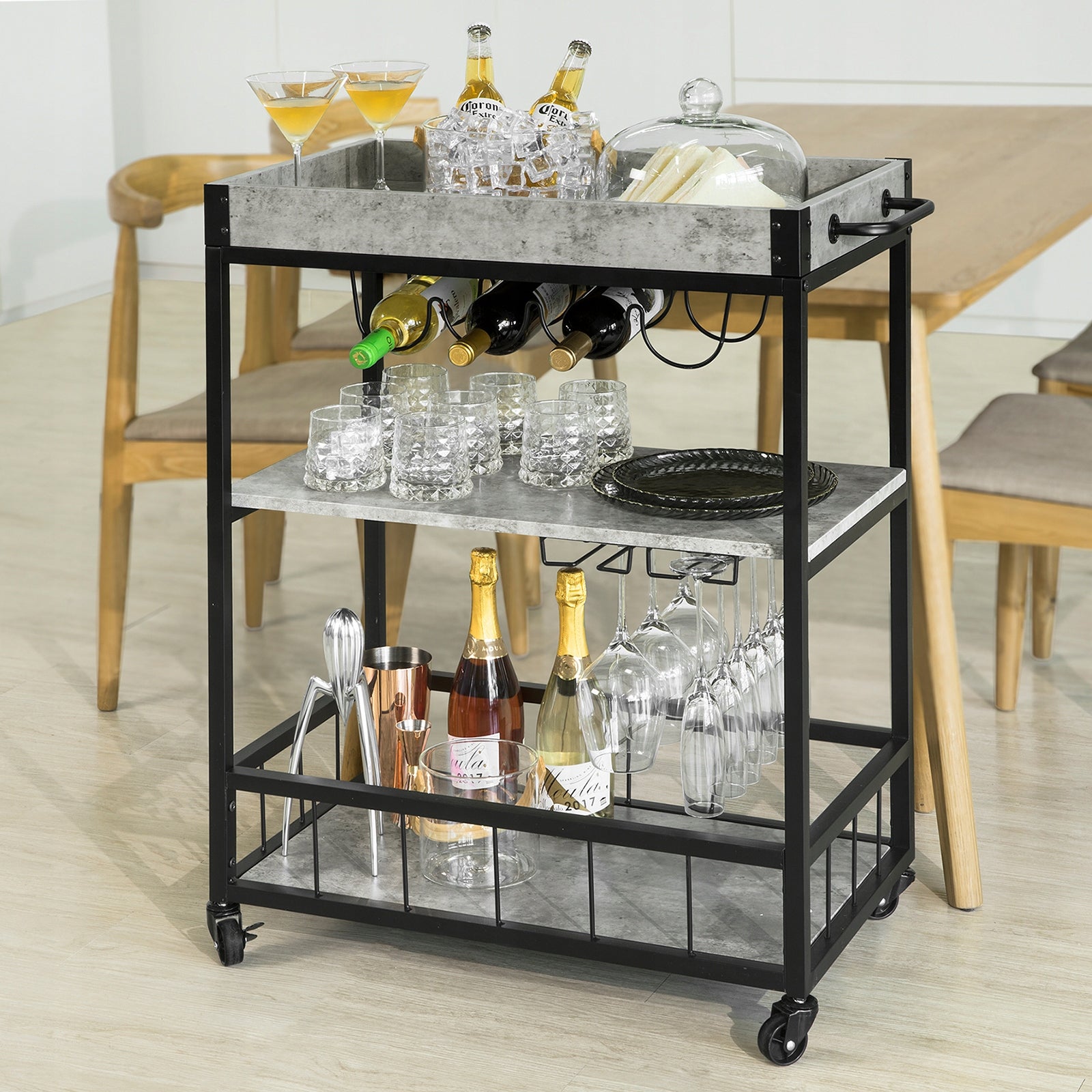Virtuvinė spintelė ant ratukų SoBuy FKW56-HG, juoda/pilka