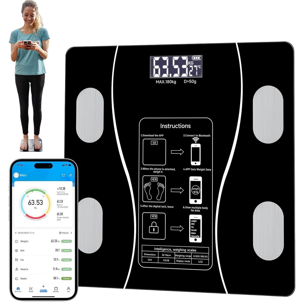 Modern Analytical Scale BEDEE Bluetooth LED 180kg Tempered Glass
