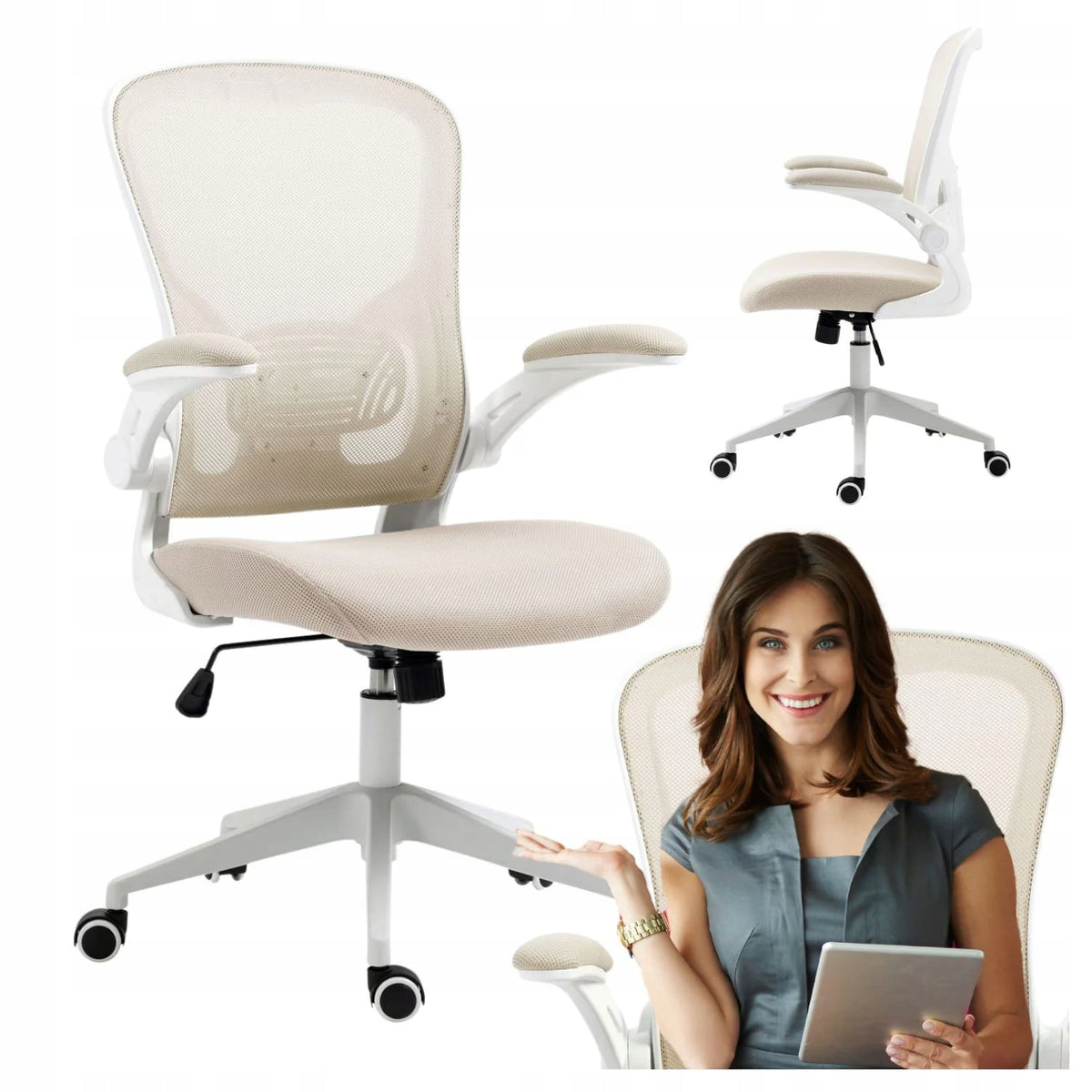 Modern Swivel Chair for Desk with Mesh Armrests Beige ABEL
