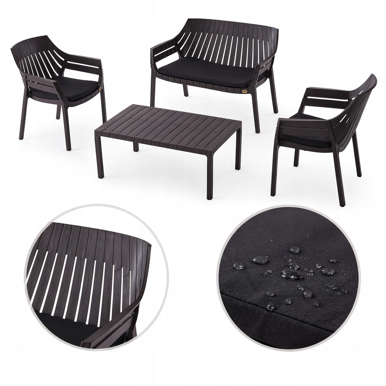 Modern compact sofa+ terrace set 2 armchairs+cushions+table