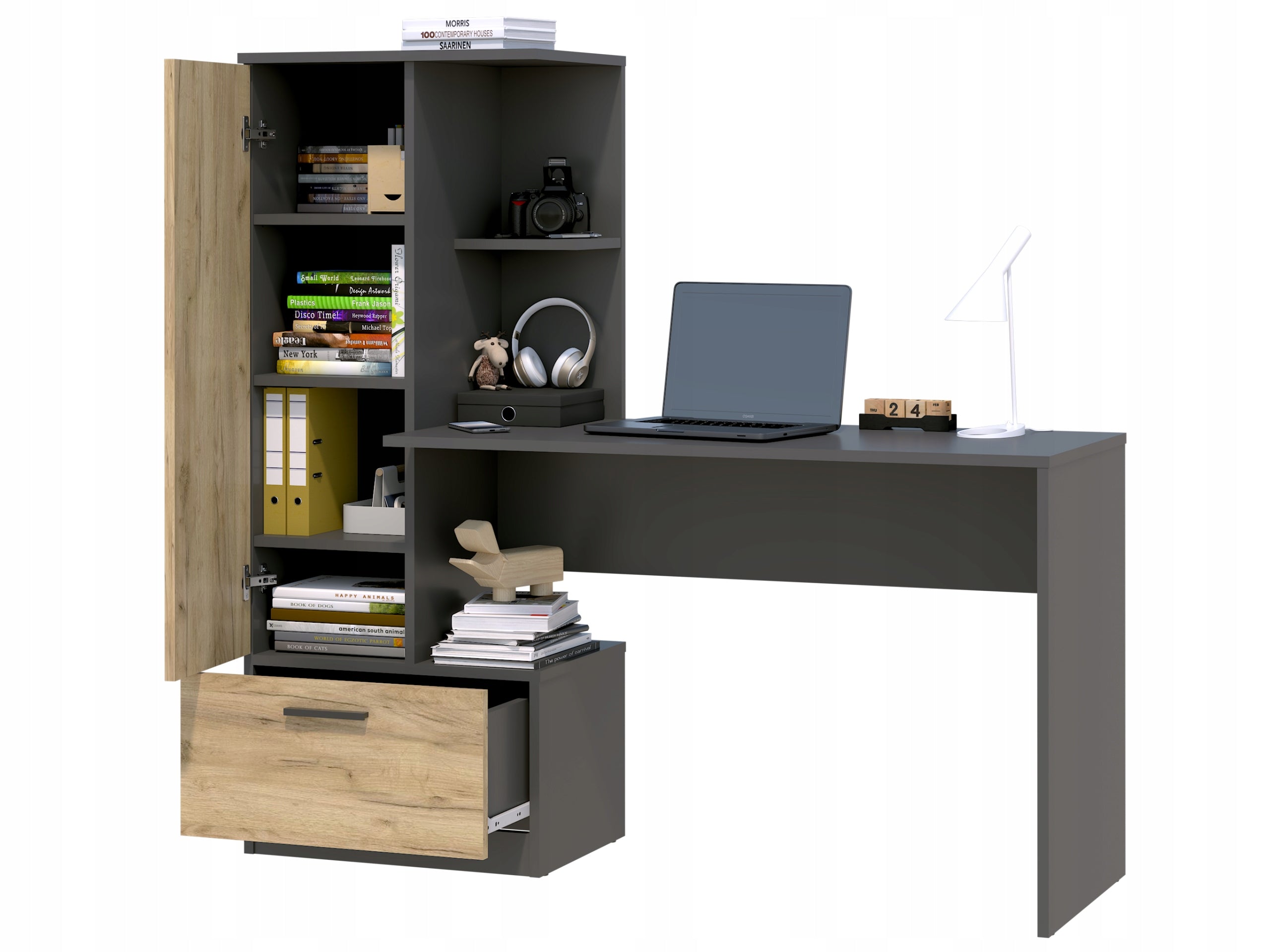 Modern desk with bookcase REGI OAK CRAFT/ ANTHRACITE BOOKCASE DESK DRAWER Manufacturer code PBREGANT
