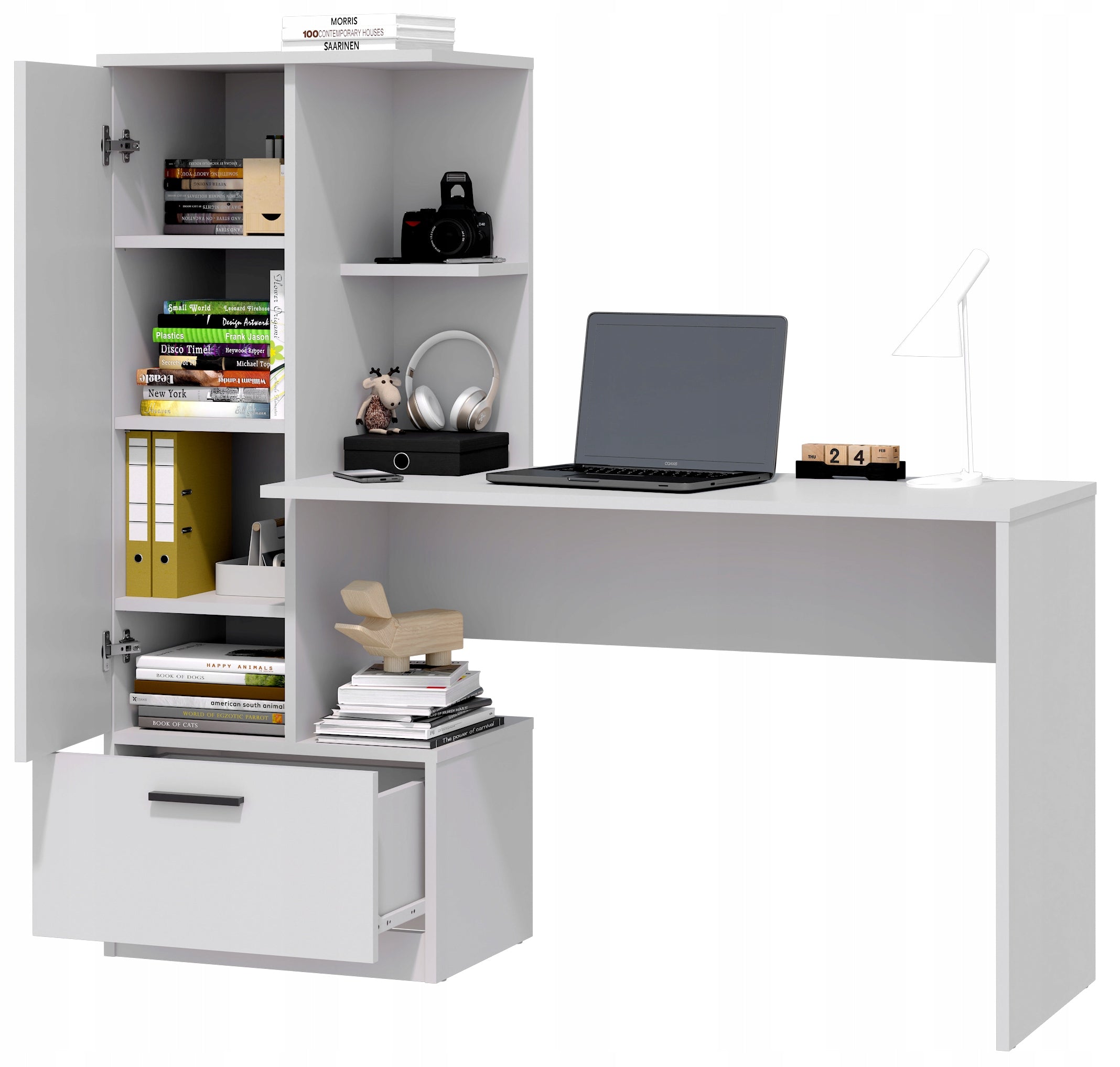 Modern desk with bookcase REGI WHITE BOOKCASE DESK DRAWER HANDLES STYLE