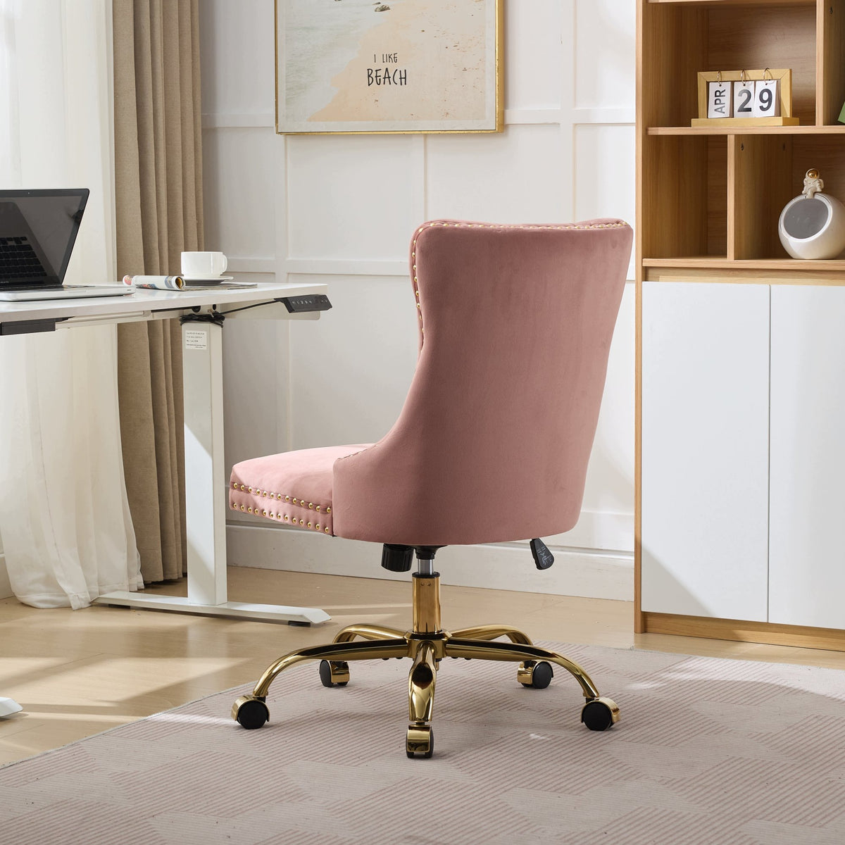 Modern office chair with velour, buttons, gold base, swivel, pink Manufacturer code 8008918037387