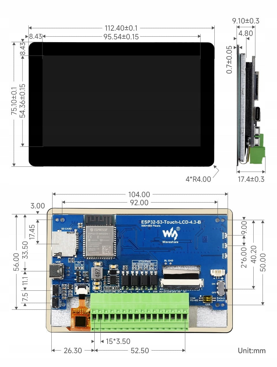 Module ESP32-S3 LCD 4.3'' Touch WiFi BT CAN RS485 Packaging status original