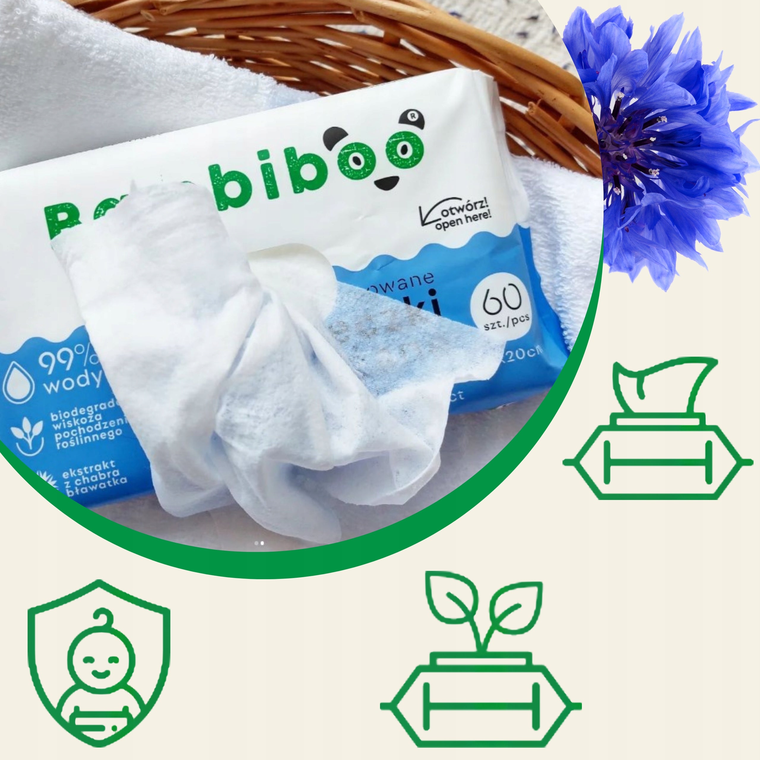 Moisturized Wipes Bambiboo With Cornflower Extract 60 pcs. 99% Water Brand Bambiboo