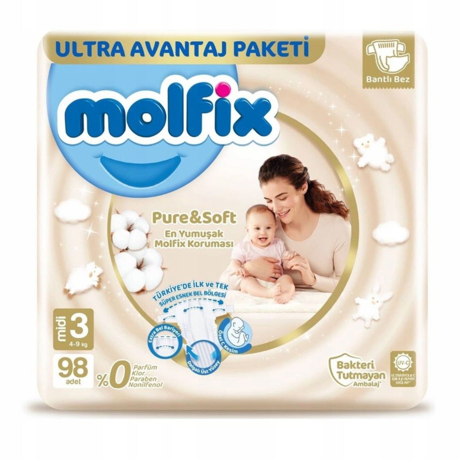 Molfix - Pure&Soft MIDI Diapers 3 (4-9 kg) 98pcs