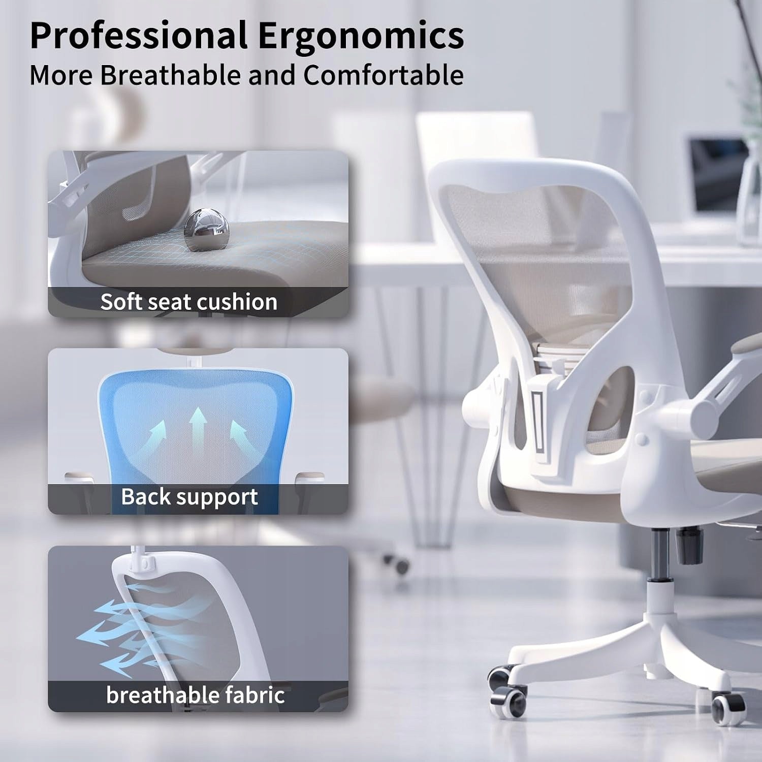 Monhey Office Chair Ergonomic Beige Mesh Folding Arms Furniture depth 55 cm