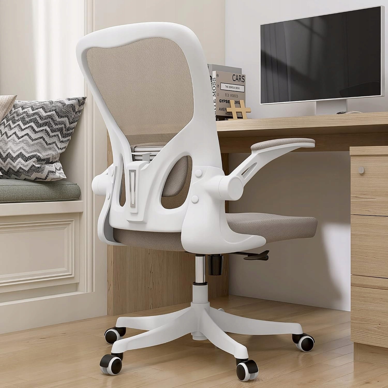 Monhey Office Chair Ergonomic Beige Mesh Folding Arms