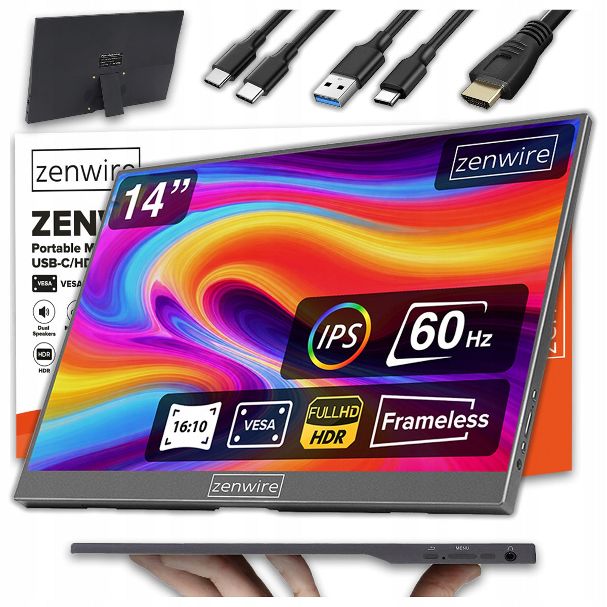 Monitor Portable for Laptop USB-C IPS Full HD 1920x1200 HDR HDMI 14 inches