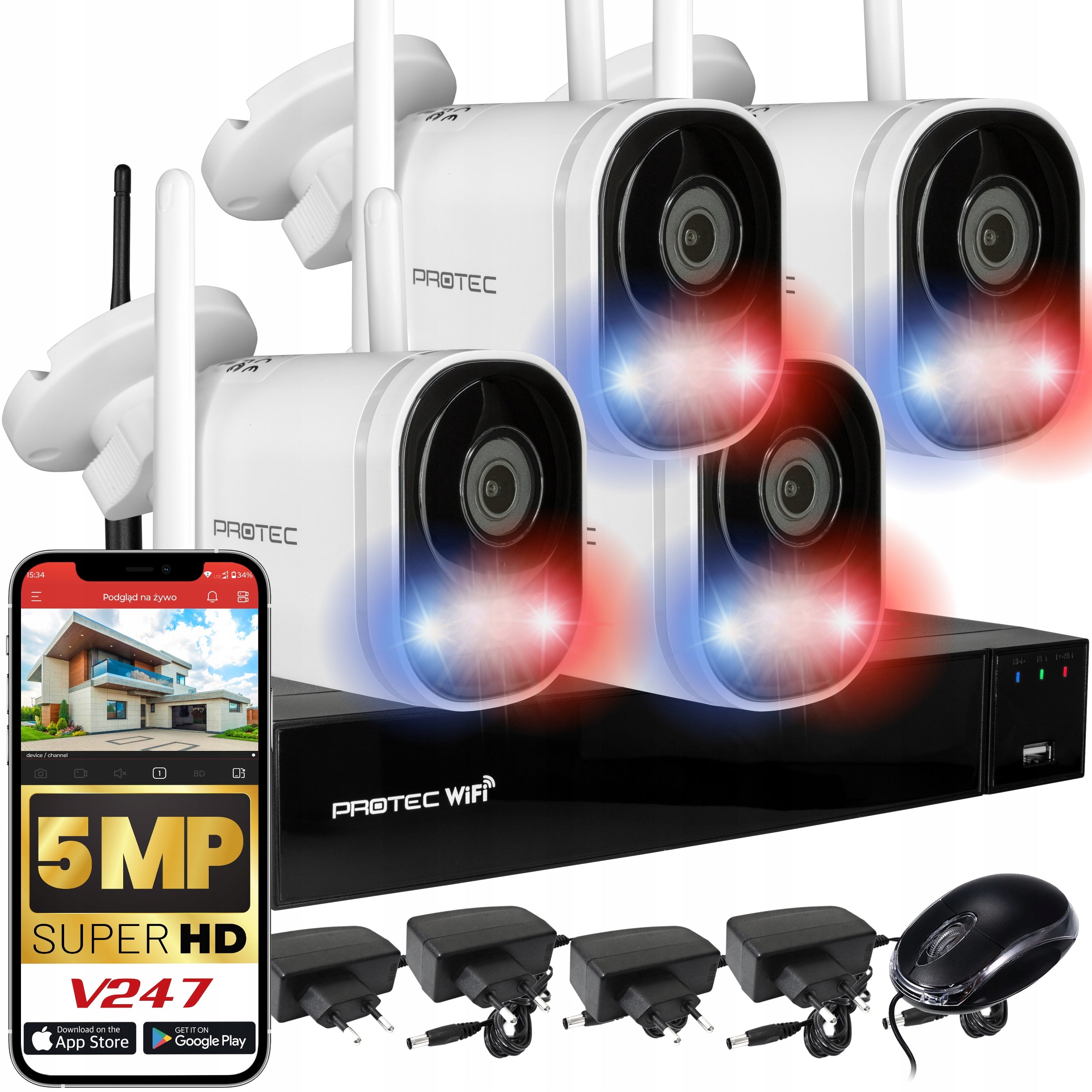 Monitoring Kit 4 Cameras 5Mpx WiFi Light White IR Microphone Speaker
