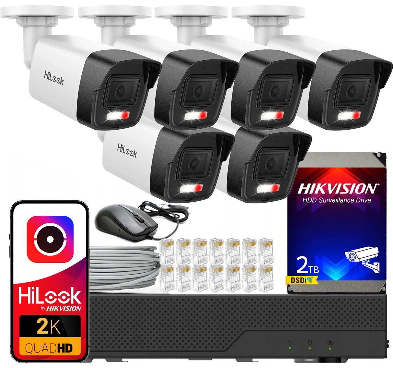 Monitoring Kit 6 Cameras 4MPx IPC-B140HA-LUC Hikvision HiLook Drive 2TB