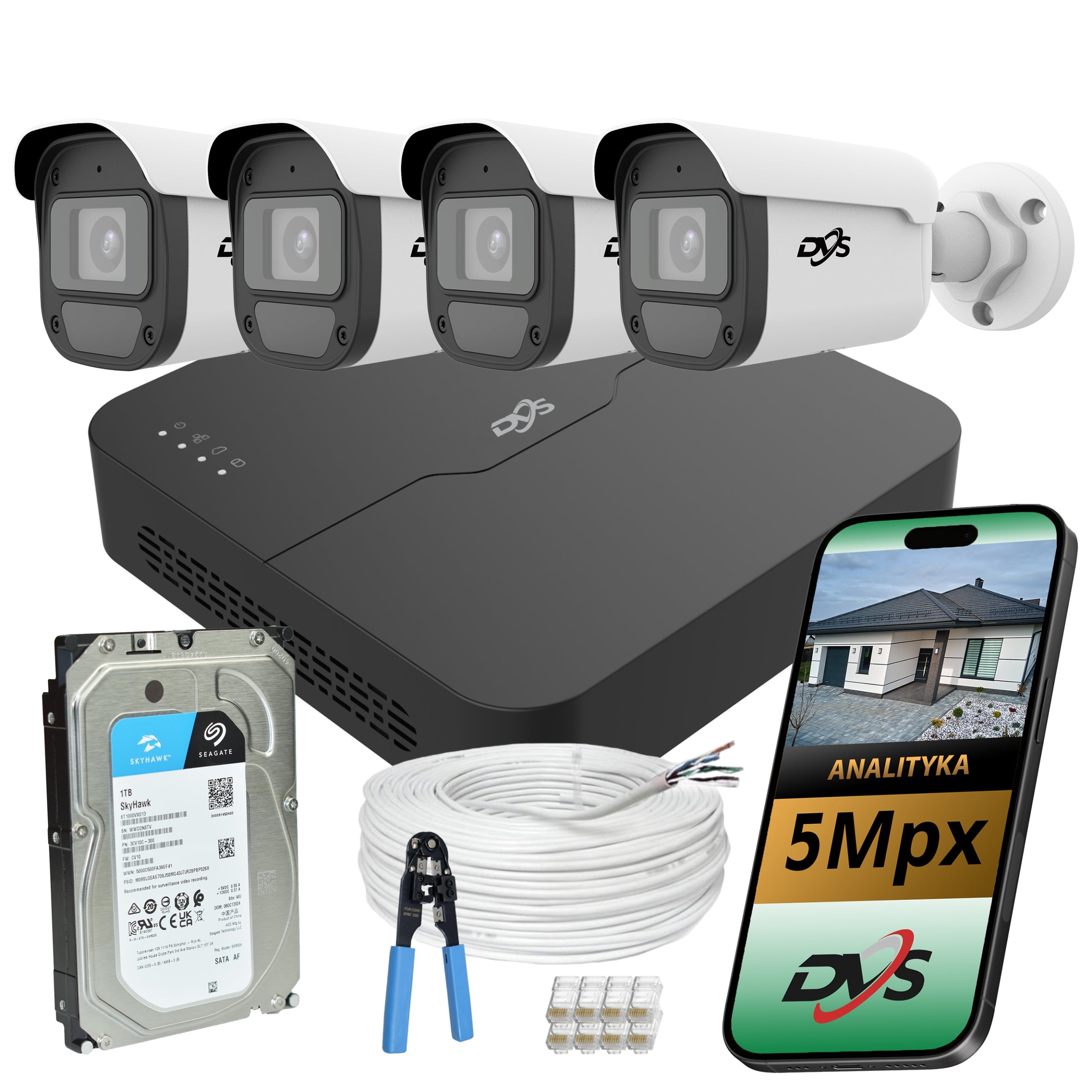 Monitoring kit 4 cameras IP PoE 5Mpx horn drive 1TB company office AI DVS